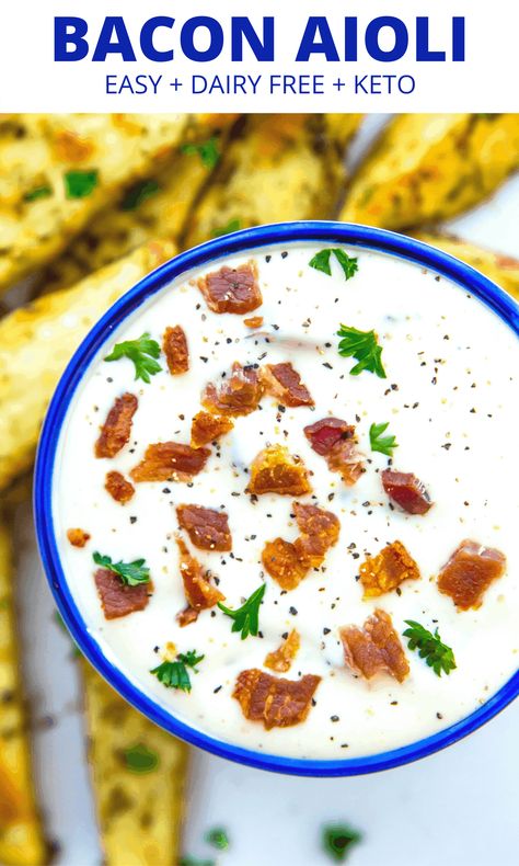 This bacon aioli recipe is so delicious and so easy to make! With garlic, lemon and bacon it's naturally dairy free, keto, paleo and Whole30 and goes really well with roasted Brussels sprouts. Bacon Aioli Recipe, Easy Healthy Dips, Bacon Aioli, Dairy Free Keto, Aioli Recipe, Healthy Dips, Roasted Brussels Sprouts, Creamy Dip, Keto Paleo