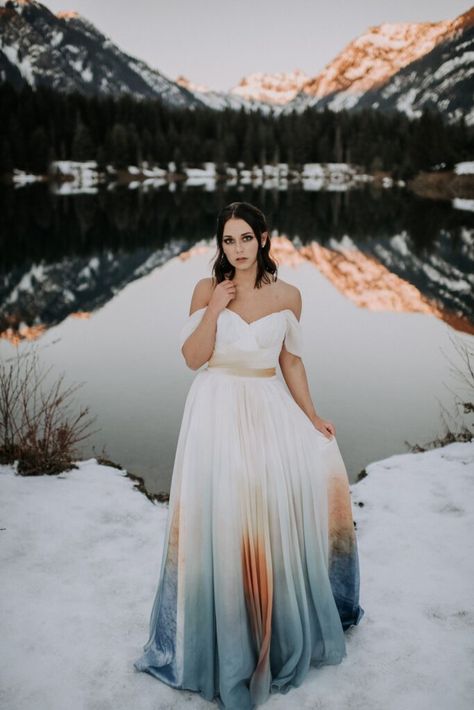 Non-Traditional Wedding Dress Ideas for 2024 Blue Ombre Wedding Dress, Sunset Wedding Dress, Dipped Wedding Dress, Tie Dye Wedding Dress, Teal Wedding Dress, Blue Ombre Wedding, Silk Chiffon Wedding Dress, Dye Wedding Dress, Orange Dress Wedding