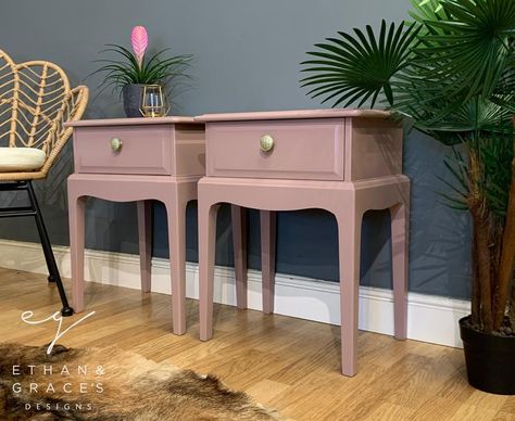 Farrow And Ball Sulking Room, Stag Bedside Table, Pink Bedside Tables, Sulking Room Pink, Painted Bedside Tables, Stag Furniture, Upcycled Furniture Before And After, Bed Side Tables, French Bedside Tables