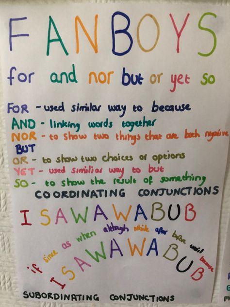 Subordinating Conjunctions Anchor Chart, Fanboys Anchor Chart, Fanboys Conjunctions, Teaching Conjunctions, Conjunctions Activities, Conjunctions Anchor Chart, Grammar Anchor Charts, Subordinating Conjunctions, Third Grade Writing