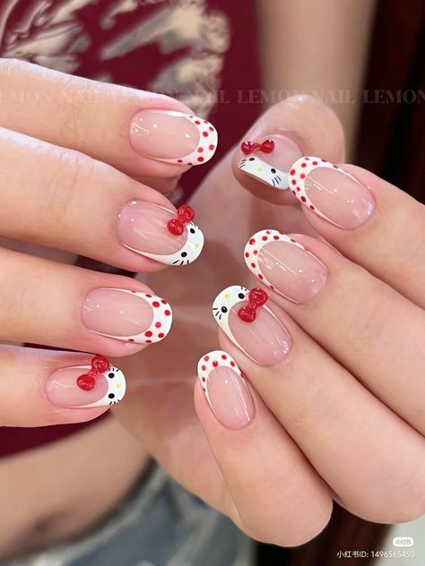 #Nailinspiration #cute #hellokitty Hello Kitty Nails French Tip, Hello Kitty Nails Simple, Hello Kitty French Tips, Hello Kitty Nail Ideas, Kitten Nails, Uñas Hello Kitty, Frenchies Nails, Green Acrylic Nails, Kitty Nails