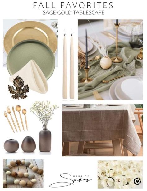 Sage Thanksgiving Decor, Sage Green And Gold Tablescape, Olive Green Fall Home Decor, Fall Decor Sage Green, Sage And Gold Home Decor, Sage Green Dining Table Setting, Sage Green Thanksgiving Table Settings, Sage Green Dinnerware, Sage Green Plates Table Settings