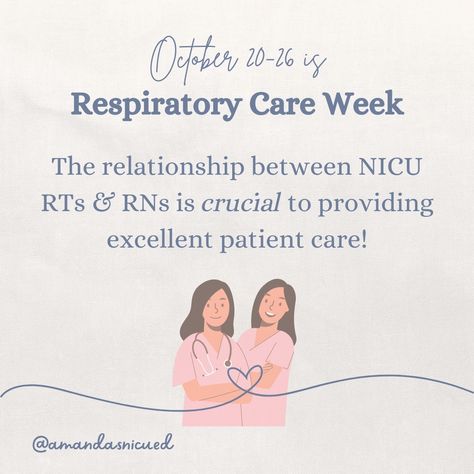 🩺✨ Happy Respiratory Care Week! ✨🩺 In the NICU, our Respiratory Therapists (RTs) are truly the unsung heroes. They're not just the experts behind every vent setting and blood gas analysis—they’re our BFFs in delivering the best care for our tiniest patients. 👶💙 RTs play such a vital role in helping our fragile babies breathe, thrive, and grow. We NICU nurses couldn't do it without them. Whether it's managing respiratory support, transferring and intubated baby to skin-to-skin care, or jumping... Happy Respiratory Care Week, Respiratory Care Week, Respiratory Care, Respiratory Therapy, Respiratory Therapist, Skin To Skin, Nicu Nurse, Patient Care, Respiratory