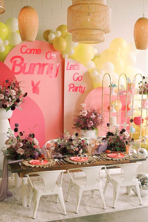 COME ON BUNNY, LET'S GO PARTY Easter Event Ideas, Event Ideas Creative, Bunny Cakes, Panel Backdrop, Picnic Inspo, Easter 2024, Boho Chandelier, Easter Event, Bunny Cake