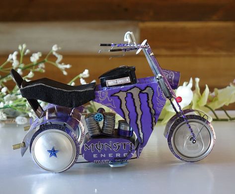 Monster Harley Davidson Style Trike Motorcycle Recycled Tin - Etsy Harley Davidson Style, Can Tab Crafts, Soda Can Crafts, Recycled Tin Cans, Wooden Toys Design, Montessori Diy, Monster Crafts, Motorcycle Gifts, Trike Motorcycle