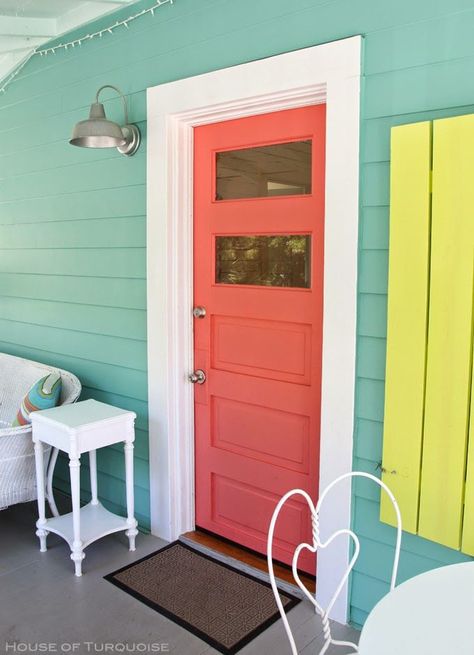 Coral Bathroom Decor, Coral Door, Beach House Colors, House Of Turquoise, Exterior Paint Colors For House, Beach House Interior, Beach Cottage Style, House Paint Exterior, Exterior Paint Colors