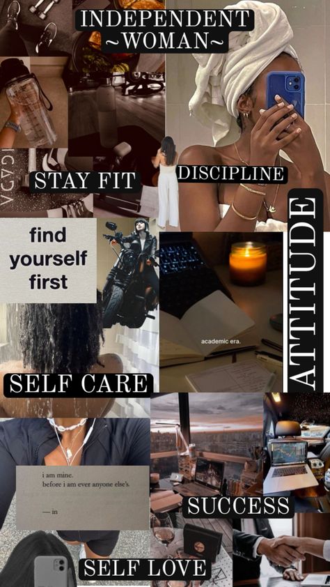 Empowerment and Self-Care Collage  In this collage, empowerment and self-care are front and center. With elements like workout gear, cozy study setups, and motivational quotes, it highlights the importance of staying fit, disciplined, and finding oneself. Labels such as "INDEPENDENT WOMAN" and "SELF LOVE" remind us to embrace and celebrate who we are. This collage isn't just about aesthetics—it's about motivating and inspiring you to achieve your best self, both inside and out. 💖🌟 Stay Healthy Quotes, Finding Oneself, Cozy Study, Healthy Habits Motivation, Healthy Quotes, Business Woman Successful, Independent Woman, Dream Vision Board, Staying Fit