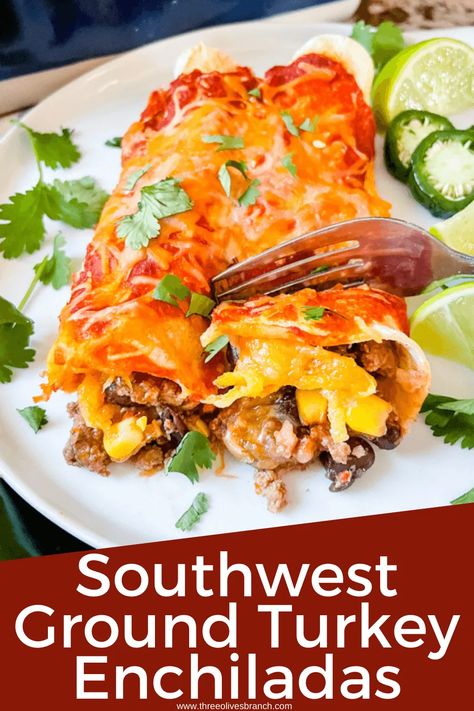 These Southwest Ground Turkey Enchiladas are packed with cheese, turkey, black beans, corn, and green chiles. A delicious gluten free Mexican dinner recipe. #enchiladas #groundturkey Side Dish For Enchiladas, Recipe Enchiladas, Mexican Beans Recipe, Gluten Free Mexican, Ground Turkey Enchiladas, Enchiladas Recipes, Gluten Free Enchiladas, Cheese Turkey, Turkey Enchiladas