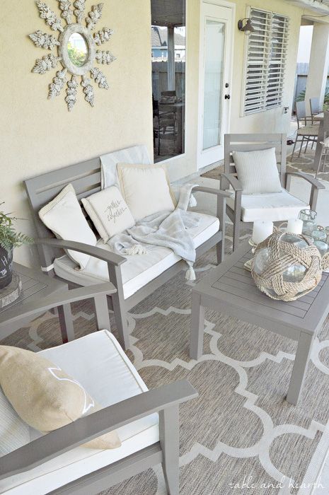 White And Grey Outdoor Furniture, Whitewash Outdoor Furniture, Grey Patio Furniture Decor, White Wooden Outdoor Furniture, How To Repaint Outdoor Wood Furniture, Grey Patio Furniture, Painted Patio Furniture, All Weather Patio Furniture, Apartment Patio Furniture