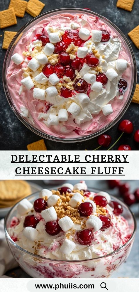 This Delectable Cherry Cheesecake Fluff is an irresistible no-bake dessert that combines the creamy richness of cheesecake with the sweet and tangy burst of cherries. Light, fluffy, and absolutely delicious, it’s perfect for any gathering or when you need a quick, easy treat! Cherry In The Snow, Cherry Cheesecake Fluff Salad, Easy Fruit Trifle, Christmas Cherry Fluff, Cherry Cheesecake Fluff Dessert, Cherry Dream Dessert, Christmas Lush Dessert, Cherry Desserts Recipes, Cherry Delight Dessert Cream Cheeses