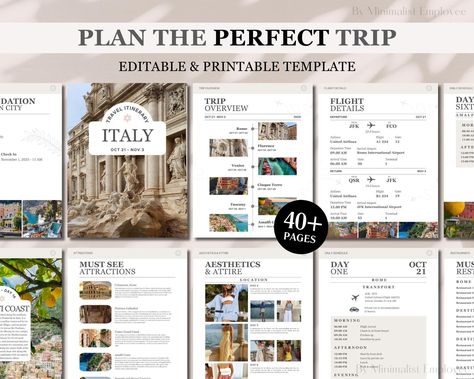 NOTE: This is for PERSONAL use only and can not be used for COMMERCIAL or RESALE use. This listing is a DIGITAL file (SIZE: 8.5 x 11) that can be edited and customized on CANVA (www.canva.com). 🌟 Elevate your travel planning with our all-in-one itinerary template! 📱 Specially crafted for travel agents & super trip planners, this 40+ page template is packed with features that offer unparalleled convenience and professionalism. Transform your travel planning with this sophisticated, customizable, and easy-to-use template now! ✅ Impressive Design: Sleek and modern, this template will leave a lasting impression on your clients, friends & family. ✅ Fully Customizable: Enjoy 100% customization to add a personal touch to every itinerary. ✅ Effortless Navigation: Benefit from a hyperlinked table Travel Schedule, Travel Itinerary Planner, Itinerary Planner, Travel Marketing, Itinerary Template, Travel Planning, Travel Planner, Travel Itinerary, Planner Template