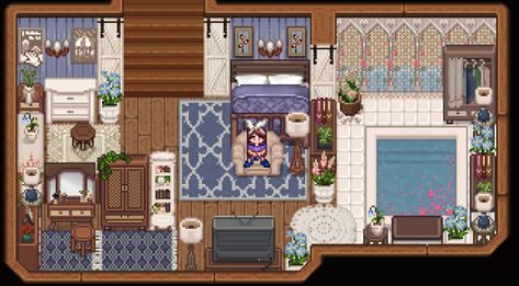 Stardew Valley Furniture, Stardew Valley Home Interior, Stardew Interior, Mod Bedroom, Stardew Valley House, Stardew Mods, Mod Aesthetic, Stardew Valley Layout, Stardew Valley Tips