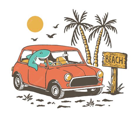 Shark Mascot, Hope Video, Camp Shirt Designs, Camping Icons, Design Kaos, Artwork Inspiration, Beach Illustration, Vintage Pop Art, Driving Car