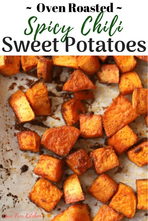 Chili Spiced Sweet Potato Chunks | thecarefreekitchen Sweet Potato Chunks, Thanksgiving Recipes Side Dishes Easy, Sweet Potato Oven, Sweet Potato Seasoning, Sweet Potato Recipes Roasted, Sweet Potato Sides, Oven Roasted Sweet Potatoes, Glazed Sweet Potatoes, Stuffed Crust