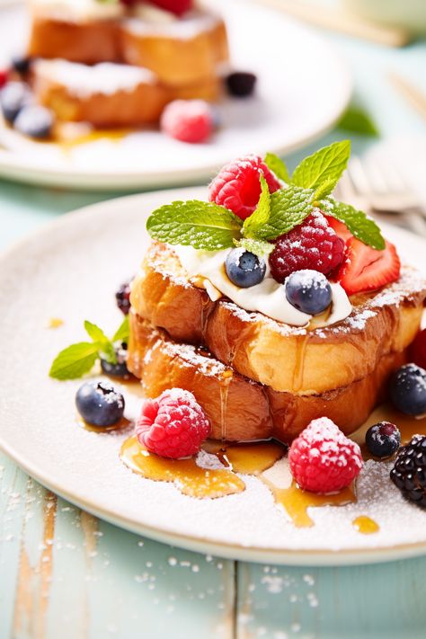 Indulge in a Luxurious Mediterranean Twist: Ricotta and Berry Stuffed French Toast Recipe French Toast Plating, Breakfast Fancy, French Toast With Berries, French Toast Stuffed, Ricotta French Toast, Stuffed French Toast Recipe, Menu Presentation, Luxurious Breakfast, Luxury Breakfast