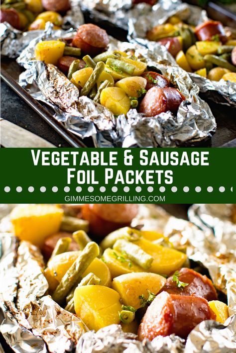 Delicious and Easy Foil Packet Meal! These Vegetable & Sausage Foil Packets are a whole meal in one packet. They have Smoked Sausage, Green Beans and Potatoes. You can either make them on the grill or the oven. We love them for an easy dinner recipe! #foil #packets #foilpackets #foilpacks #grilling #dinner #sausage #greenbeans #recipe #inspiration #grilled via @gimmesomegrilling Sausage Green Beans And Potatoes, Sausage Green Beans, Sausage And Green Beans, Tin Foil Dinners, Beans And Potatoes, Foil Pack Dinners, Foil Packet Dinners, Smoked Sausage Recipes, Foil Pack Meals