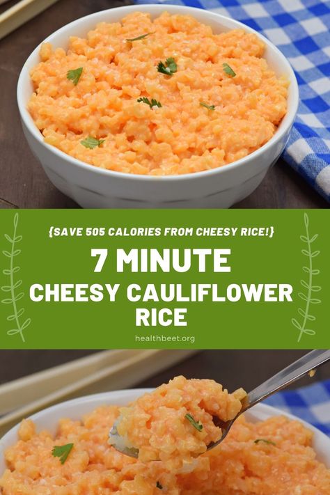 Save 505 calories with this faux cheesy rice! Using powdered cheese and cauliflower rice, you can have this delicious, filling meal in under 7 minutes! Try this low calorie cheesy cauliflower rice today! {gluten free, low carb, and so tasty!}