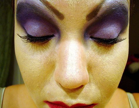 Evil Queen Makeup, Queen Grimhilde, Evil Queen From Snow White, Snow White Makeup, White Concealer, Pale Foundation, Fake Eyebrows, Nyx Jumbo Eye Pencil, Purple Eye Makeup