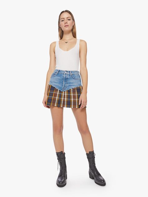 Plaid omen. A denim mini skirt with a high rise, raw edge and pleated bottom. Made from 100% cotton, the skirt is half denim and half navy, orange and brown plaid. Imported. Style No. 90331-1085-PUF Pink Denim Skirt, Vegan Leather Skirt, A Punk, A Farmer, Denim Skirt Women, Floral Denim, Mother Denim, Corduroy Skirt, Plaid Mini Skirt