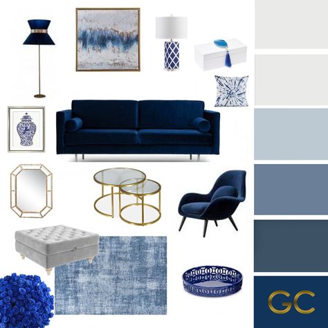 Navy Blue Grey White Living Room, Navy Blue White And Grey Office, Art Deco Living Room Blue Sofa, Navy Gray And White Living Room, Living Room Contemporary Luxury, Blue Gray Living Room Furniture, Blue And White And Gold Living Room, Grey Navy And Gold Living Room, Gold Blue Living Room Decor