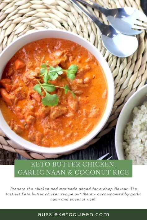 Prepare the chicken and marinade ahead for a deep flavour. The tastiest Keto butter chicken recipe out there - accompanied by garlic naan and coconut rice! Keto Pressure Cooker, Keto Butter Chicken, Bbq Keto, Keto Slow Cooker Recipes, Keto Salad Recipes, Keto Slow Cooker, Keto Snacks Easy, Indian Takeaway, Easy Keto Breakfast