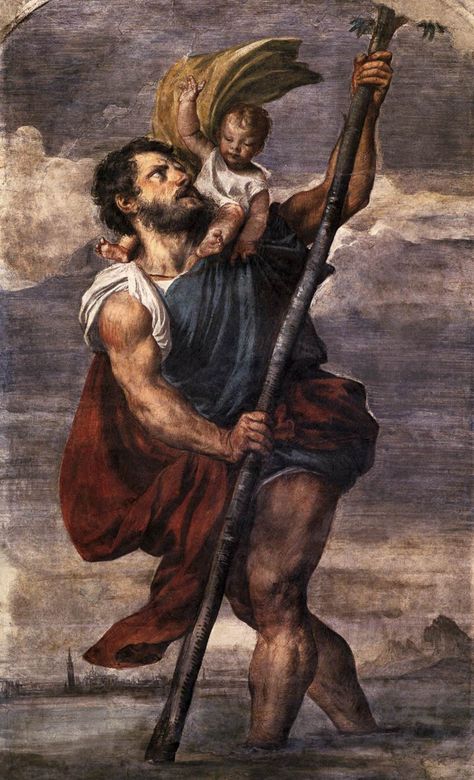 St Christopher Tattoo, Saint Tattoo, Christ Tattoo, Religious Tattoos, St Christopher, Saint Christopher, Dark Art Drawings, Catholic Art, Caravaggio