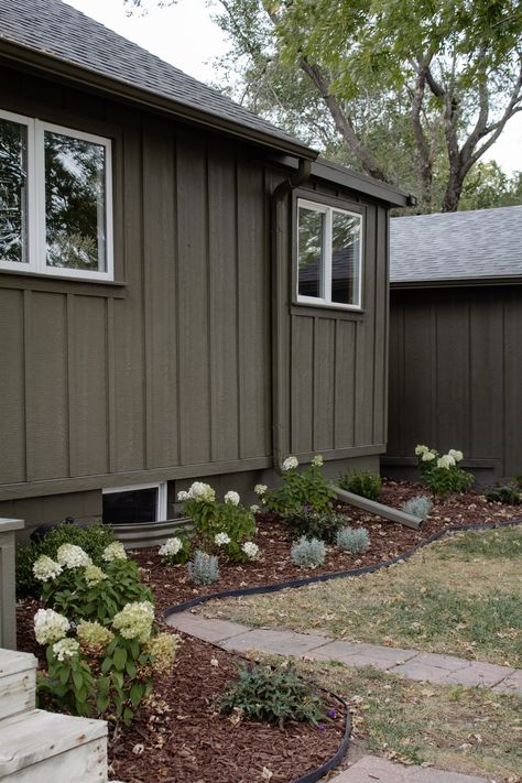 Dark Green Cabin, Exterior Board And Batten Siding, Exterior Board And Batten, Moody Exterior, Brown House Exterior, Brown Mulch, Nadine Stay, Cedar Shingle Siding, Emerald Green Arborvitae