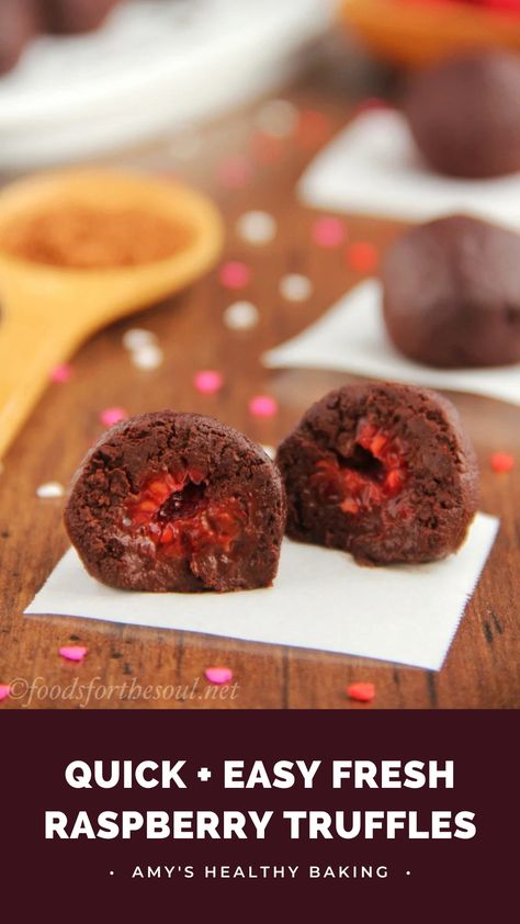 Dark Chocolate Raspberry Truffles — only 5 ingredients & 28 calories! This SUPER easy chocolate truffles recipe is quick to make. Only 30 minutes! SO chocolaty & rich. They don't taste healthy at all! Perfect for Valentine's Day too! (naturally low calorie, clean eating, gluten free, dairy free, vegan) ♡ easy healthy chocolate truffles. chocolate truffles valentines day. healthy vegan chocolate truffles. chocolate raspberry truffles recipe. healthy dark chocolate truffles. Truffles Valentines Day, Skinnytaste Desserts, Raspberry Truffles Recipe, Chocolate Raspberry Truffles, Raspberry Truffles, Vegan Chocolate Truffles, Dark Chocolate Raspberry, Baking Healthy, Truffles Chocolate