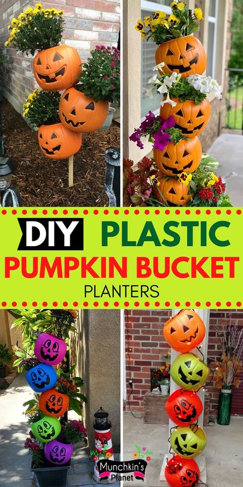 DIY Plastic Pumpkin Bucket Planters Stacking Plastic Pumpkins Porch, Pumpkins Decorating Ideas Fall, Fall Pumpkin Planter Ideas, Pumpkin Planters Diy, Dollar Tree Halloween Pumpkin Crafts, Halloween Decor With Plastic Pumpkins, Diy Outdoor Pumpkin Decorations, Plastic Pumpkins Diy, Plastic Pumkin Decoration Ideas Front Porches