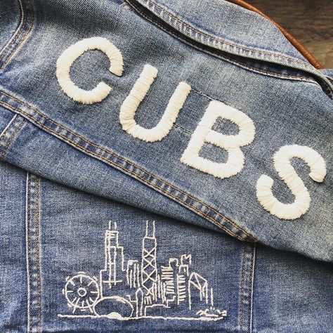 Skyline Embroidery, Painted Denim Jacket, Fall 23, Chicago Skyline, Painted Denim, Hand Embroidery Patterns, Chicago Cubs, Jean Jackets, Hand Stitched