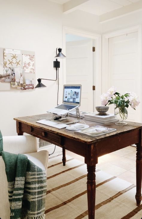 Nancy Meyers Home Office, Vintage Desk Styling, Anthropologie Home Office, Nancy Meyers Office Aesthetic, Nancy Meyers Office, Desk In Middle Of Office, Country Cottage Office, Thrifted Office, Table As Desk