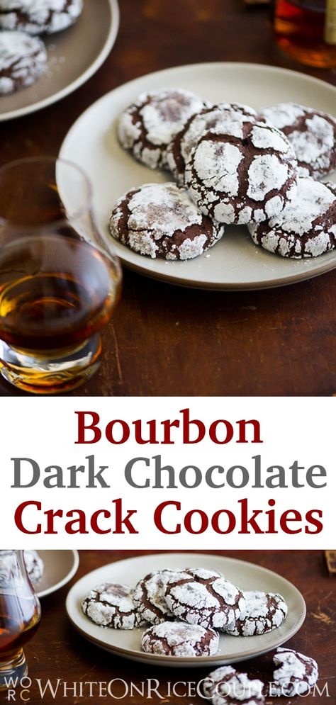 Dark Chocolate Baked Goods, Bourbon Christmas Cookies, Chocolate Xmas Cookies, Boozy Christmas Cookies, Bourbon Chocolate Chip Cookies, Pub Cookies, Bourbon Desserts, Boozy Cookies, Dark Chocolate Treats