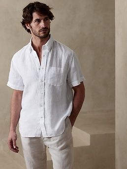 Luxurious, beautiful and naturally breathable, this linen shirt is crafted from 100% linen--a favorite for its ability to stay crisp and fresh even in heat and humidity.  UNTUCKED: Specially cut 1" shorter through the body for an untucked fit that st Neutral Family Photos, Mens Banana Republic, Boys Khaki Pants, White Party Outfit, Summer Family Photos, Short Sleeve Linen Shirt, Red Plaid Dress, White Linen Shirt, Beach Family Photos