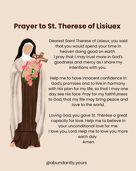 Happy Feast Day to St. Therese of Lisieux 💗💐 Let her be a beautiful example of child like Faith to us all 🥹 St. Therese of Lisiuex pray for us! 🤍 abundantlyyours.org St Therese Of Lisieux Prayers, St Therese Of The Child Jesus, St Therese Of Lisieux Art, Saint Therese Of Lisieux Art, St Therese Of Lisieux Quotes, Child Like Faith, Project Quotes, Happy Feast Day, Happy Feast