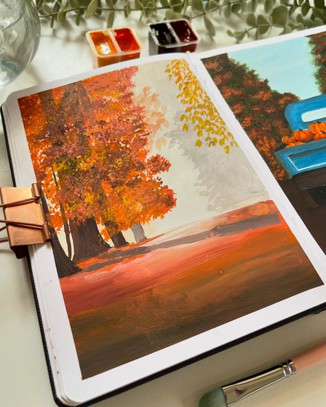 Autumn Vibe Sketchbook Painting 🍁🍂💟💗✨ . Fall Gouache Painting on @menorahcreatif A5 dotted sketchbook 🍂 Used @miyaarts Twin Cup@Gouache Set of 48 colors from @thoovi.arts @miyahimi.in Use code ANJALI01 to avail 10% discount throughout the website . Inspiration @tiinasdiary Your artworks are masterpieces🤌🏼♥️ . #autumnpainting #gouache #gouachepainting #gouacheillustration #fallpainting #autumnvibes #sketchbookart #artjournal #sketchbookpainting #ａｅｓｔｈｅｔｉｃ Dotted Sketchbook, Gouache Paint Set, Sketchbook Painting, Gouache Illustrations, Autumn Painting, Website Inspiration, Gouache Painting, Paint Set, Art Sketchbook