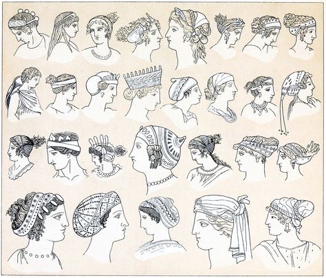 The women of Greek antiquity knew how to achieve a great variety in the arrangement of their hair. Veils of light or precious fabric, Flowers and... Minoan Fashion, Ancient Greek Hair, Ancient Greece Clothing, Ancient Greece Fashion, Greek Hairstyles, Grecian Hairstyles, Greece Women, Greek Hair, Historical Hairstyles