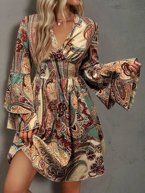 Layered Fits, Flare Sleeve Dress, Dress Women Elegant, Long Sleeve Casual Dress, Ruffle Sleeve Dress, Vestidos Vintage, Knee Dress, Vestido Casual, Styl Vintage