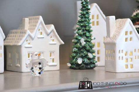 Holiday Home Tour 2016 | 100 Things 2 Do Christmas Village White, Tea Light Houses, Christmas Pottery, Ceramic Christmas Decorations, Holiday Home Tour, Pottery Houses, Christmas Decor Inspiration, Putz Houses, Light Houses