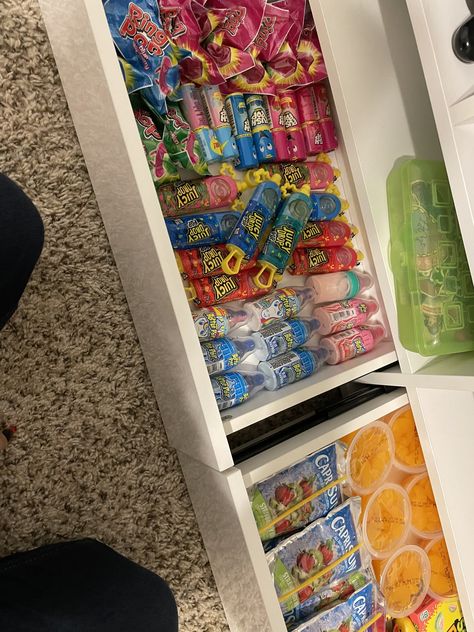 Snack Storage In Bedroom, Snack Area In Bedroom Aesthetic, Candy Drawer Bedroom, Food Stash In Bedroom, Food And Snack Ideas, Aesthetic Snack Drawer, Snack Stash In Bedroom Aesthetic, Room Snack Stash, Hidden Snack Stash In Bedroom