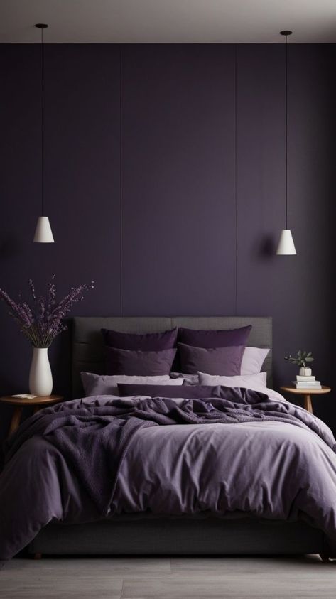 Bedroom Ideas For Small Rooms Purple, Purple Masculine Bedroom, Deep Purple Room, Dark Plum Bedroom, Dark Purple Bathroom Ideas, Dark Purple Bedroom Aesthetic, Dark Purple Walls Bedroom, Bedroom Dark Purple, Dark Purple Room Aesthetic