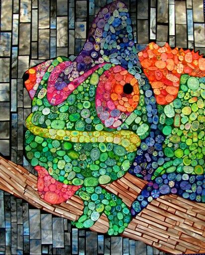 Collaborative, Mosaic, Collage Painting of a Chameleon - Conway High School Art Project. 6ft x 7ft Mosaic Art Projects High School, Mosaic Chameleon, Art Projects High School, Collaborative Art Projects For Kids, Doodle Shapes, Collaboration Art, Tile Styles, Mosaic Collage, Karma Chameleon