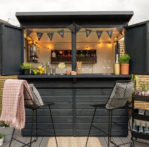 The Range's wooden shiplap garden bar Garden Bar Ideas, Garden Bar Shed, Bar Shed, Garden Hammock, Hanging Hammock Chair, Hanging Egg Chair, Backyard Bar, Better Homes And Garden, Forest Garden