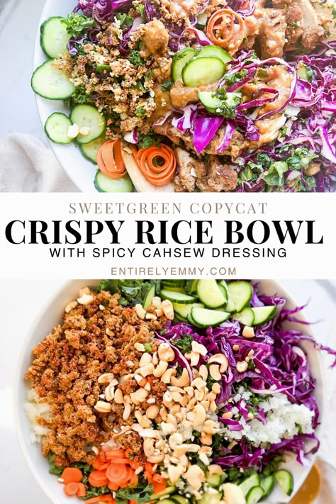 Experience the unbeatable combination of flavors in this Sweet Green Crispy Rice Bowl. Imagine perfectly crunchy rice or quinoa, mingling with vibrant fresh vegetables and savory seasoned chicken, all drizzled with a tantalizing Spicy Cashew Dressing. It's a taste sensation like no other. Sweet Green Crispy Rice Bowl Recipe, Crispy Rice Chopped Sushi Salad, Sweet Green Crispy Rice Bowl, Crispy Rice Salad Pinch Of Yum, Crispy Rice Bowl Sweetgreen, Crispy Rice Topping, Sweet Green Bowl Recipes, Sweet Green Recipes, Crisp And Green Copycat