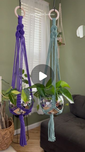 Angela Barretta on Instagram: "🪴A fun diy macrame plant hanger to make using a 4mm cotton macrame cord from @nooktheory. How pretty is that purple!
•
🪩I purchased these disco cups from Five Below and instantly knew what I was going to do with them! I absolutely love how it looks when the sun hits them.
•
Enjoy making one for yourself and I would love to hear how it went! Feel free to tag me! 
•

#macrame #macramemakers #macramecommunity #macrameart #macrametutorial #diymacrame #macrameplanthanger #diyplanthanger #handmadecraft #macramehanging #macramediscohanger #plantlover #plantdecor #plant #macrameknots #nooktheory #angscraftsncreations" Disco Cups, Macrame Knots Diy, Macrame Designs, When The Sun Hits, Plant Crafts, Diy Macrame Plant Hanger, Knots Diy, Diy Plant Hanger, Five Below