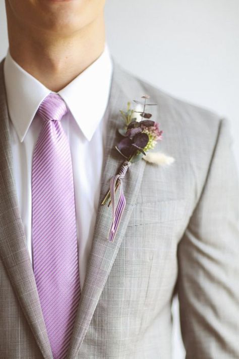 Groomsmen Attire Grey, Wedding Suits Men Grey, Lavender Boutonniere, Succulents Wedding, Suit Colors, Groomsmen Grey, Purple Stuff, Purple Tree, Lilac Wedding