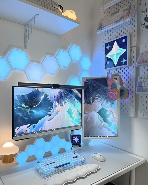 Exciting news!🩵✨ I was feeling a lil blue (👀) about my setup ever after painting my table white, like something wasn't giving my desk setup the ✨it✨ feeling. I guess I found it now! I've been obsessed with blue vibes every once in a while mainly because of Genshin Impact & underwater Fontaine aeathetics & the new area that unlocked with 4.6 just proved me right🥹 Sooo i decided to switch my aesthetics to blue with warm touches, I am obsessed let me tell you😭✨ Also Miwa as a pfp is such a mov... Cyan Gaming Setup, Blue Setup Gaming, Blue Setup, Quackity Fanart, Blue Vibes, Season Aesthetic, Setup Gamer, Gamer Room Decor, Desktop Setup