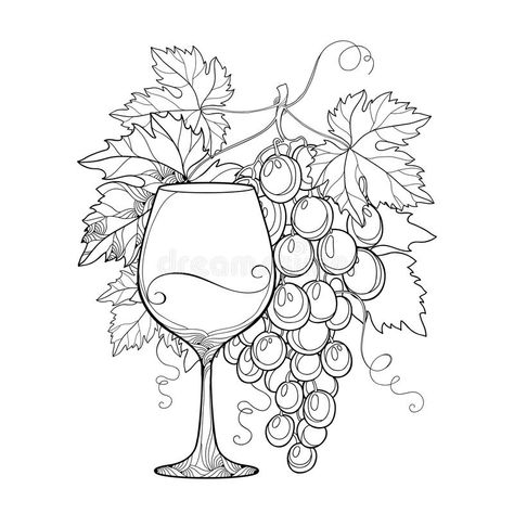 Vector bunch of grape, ornate grape leaves and wineglass in black royalty free illustration Grape Drawing, Art Du Vin, Metal Art Jewelry, Birds Of Paradise Flower, Drawing Examples, Outline Designs, Free Adult Coloring Pages, Leaf Drawing, Wood Burning Patterns