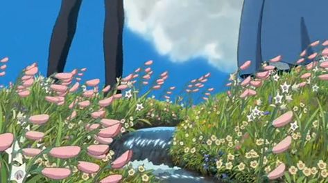 Howl's Moving Castle Flower Field Stream Howls Moving Castle Flower Field Scene, Howls Moving Castle Flower Garden, Howls Moving Castle Flowers, Studio Ghibli Flower Field, Ghibli Flower Field, Howls Moving Castle Garden, Howls Moving Castle Field, Howls Moving Castle Flower Field, Howl Castle