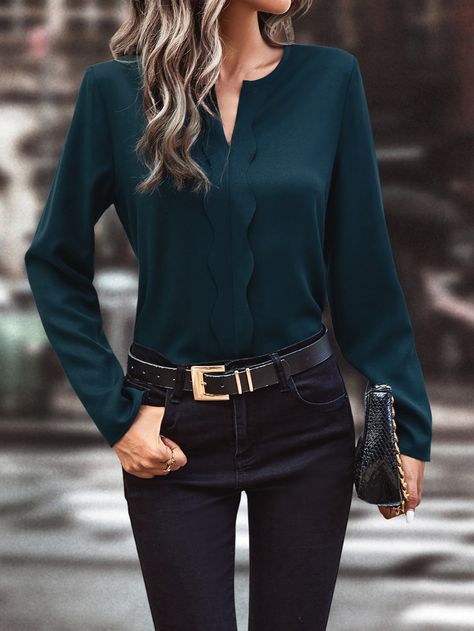 Teal Blue Casual Collar Long Sleeve Fabric Plain Top Embellished Non-Stretch  Women Tops, Blouses & Tee Teal Long Sleeve Shirt Outfit, Teal Top Outfit, Teal Blue Outfit, Blue Blouse Outfit, Teal Outfit, Summer Blouse Outfit, Teal Blue Blouse, Long Sleeve Shirt Outfits, Teal Outfits