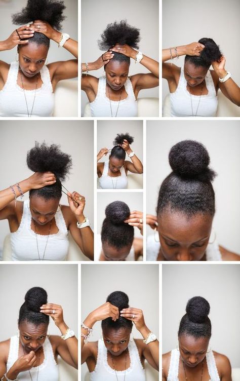 How to easily do a bun on natural hair without using a hair donut. Bun On Natural Hair, Cabello Afro Natural, Hair Donut, Natural Hair Bun Styles, Protective Hairstyles For Natural Hair, Pelo Afro, 4c Natural Hair, High Bun, 4c Hair